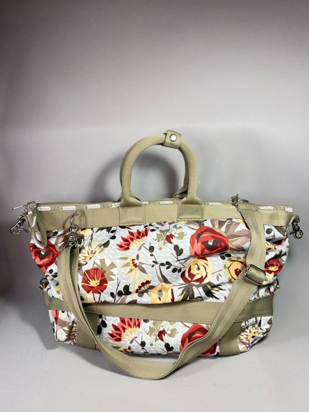 LeSportSac Large Floral Beige Trim Travel Weekender Bag